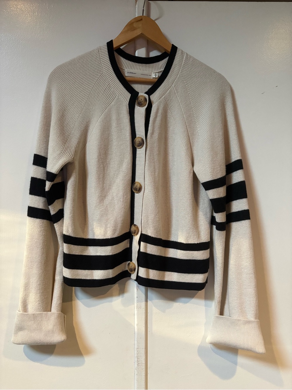 Cream and Black Striped Button-Up Cardigan Sweater